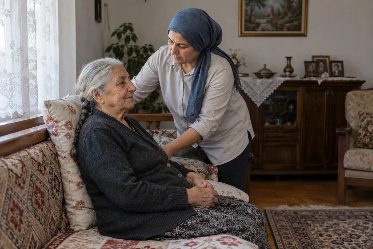 Adıyaman için evde dinlenen yaşlı annenin yastığını düzenleyen bakıcıyı gösteren temsili görsel
