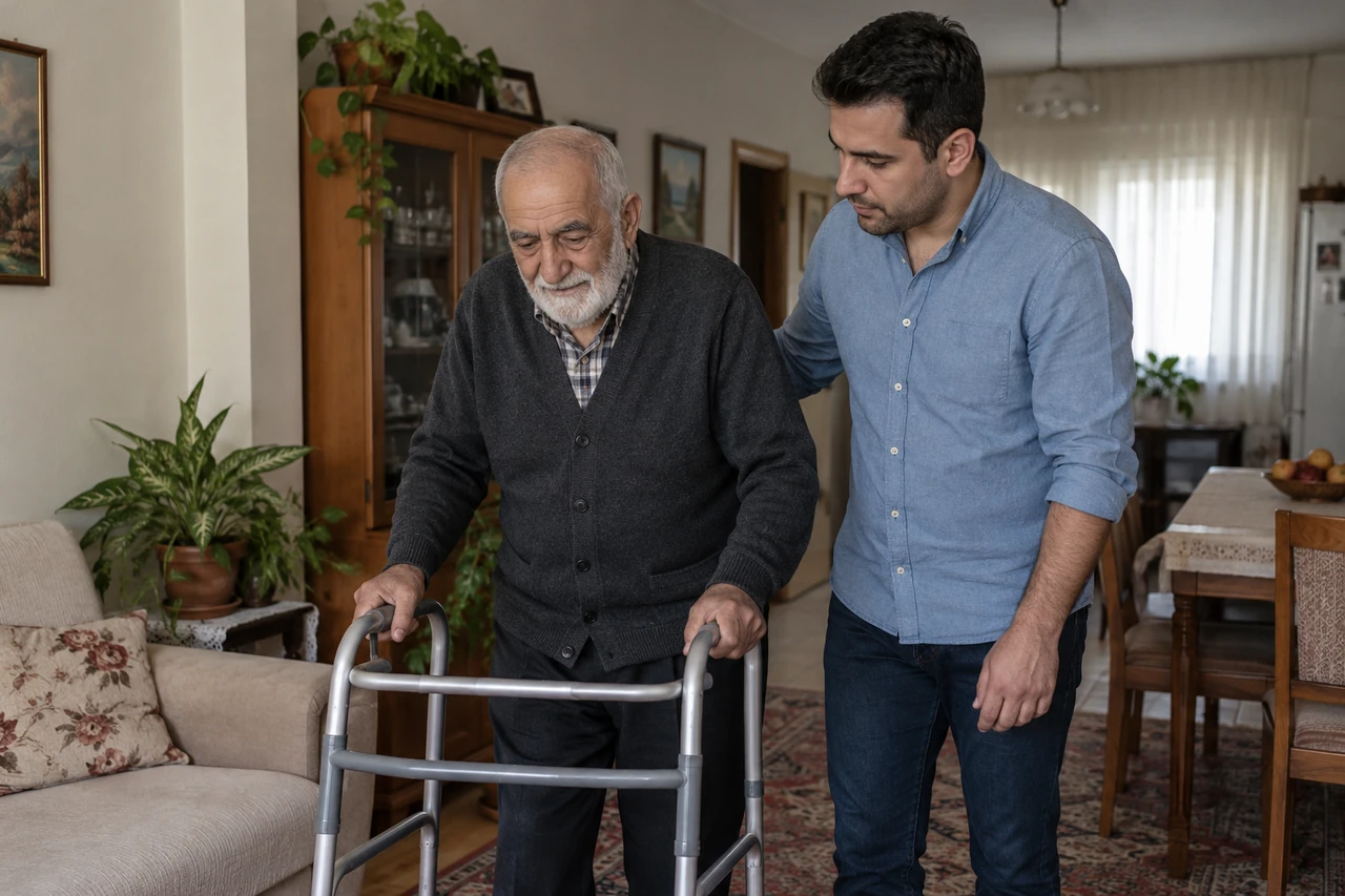 Afyonkarahisar için yürüteç kullanan yaşlı babaya eşlik eden bakıcıyı gösteren temsili görsel