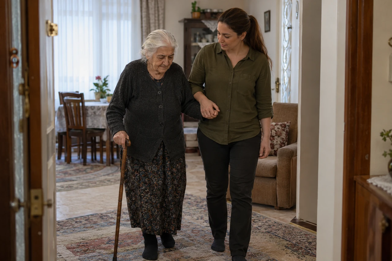 Ağrı için baston kullanan yaşlı anneye eşlik eden bakıcıyı gösteren temsili görsel
