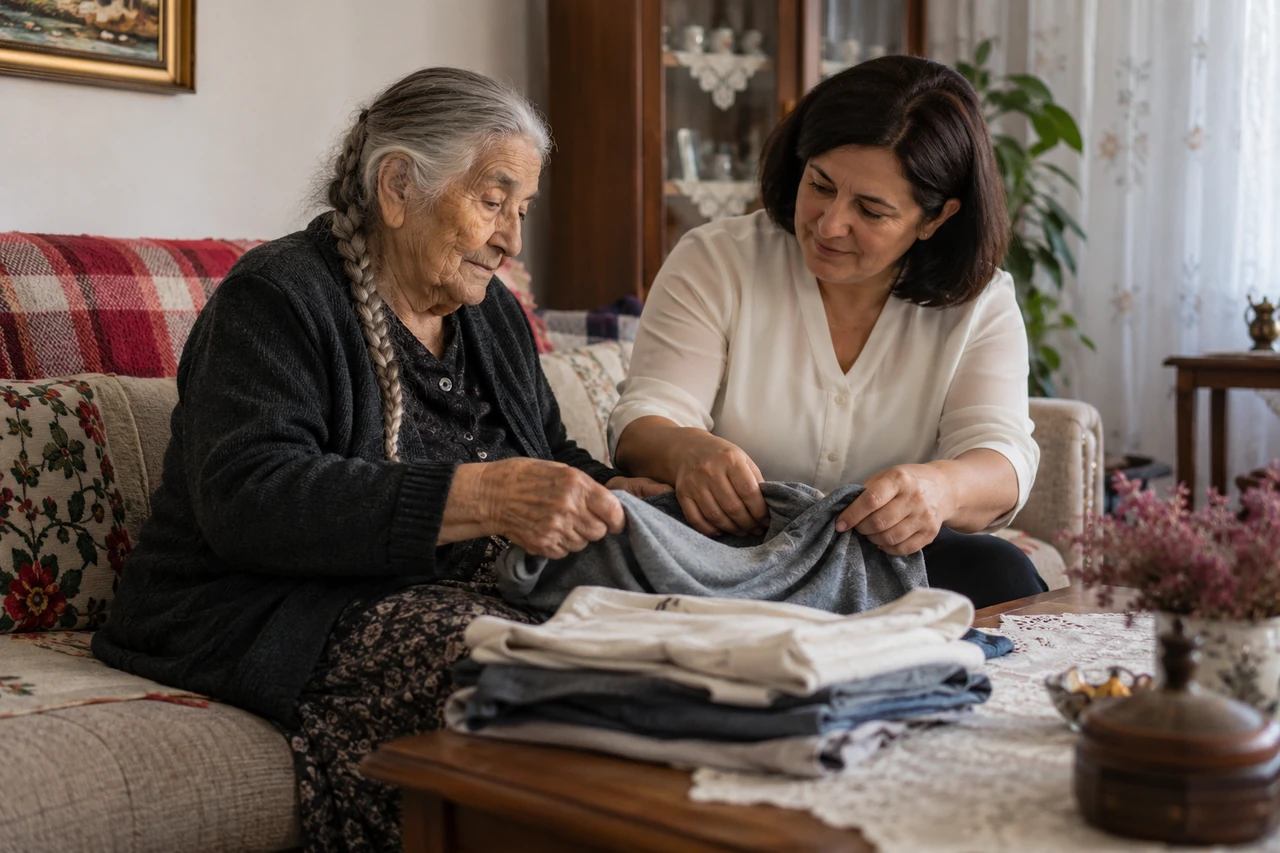 Aksaray için yaşlı anneyle temiz giysileri düzenleyen bakıcıyı gösteren temsili görsel