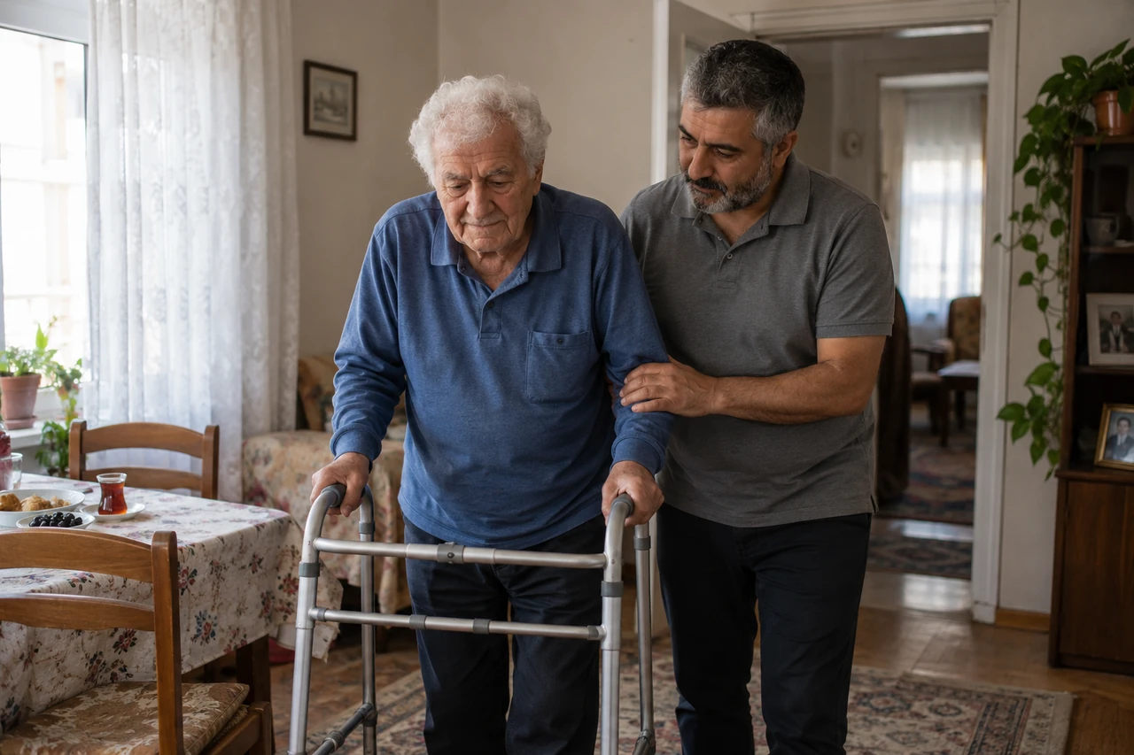 Aksaray için yürüteç kullanan yaşlı babaya eşlik eden bakıcıyı gösteren temsili görsel