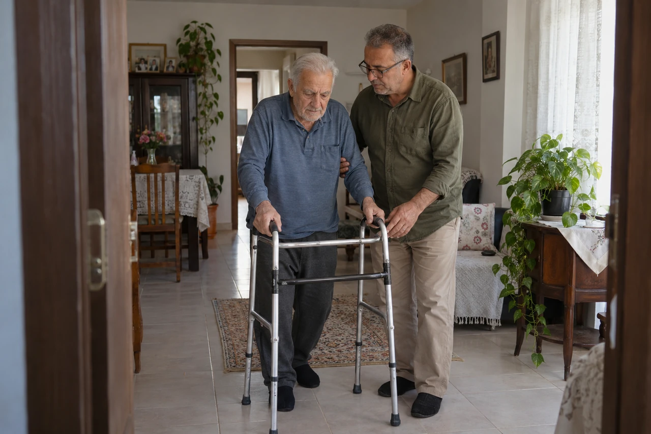 Balıkesir için yürüteç kullanan yaşlı babaya eşlik eden bakıcıyı gösteren temsili görsel