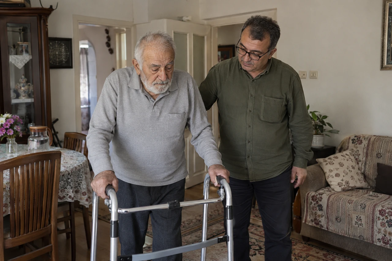 Bilecik için yürüteç kullanan yaşlı babaya eşlik eden bakıcıyı gösteren temsili görsel