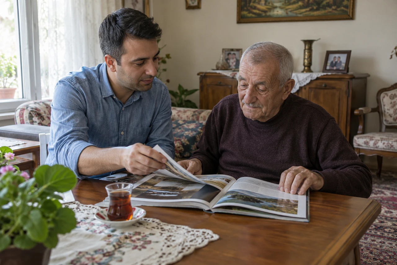 Bingöl için yaşlı babayla birlikte dergi okuyan bakıcıyı gösteren temsili görsel