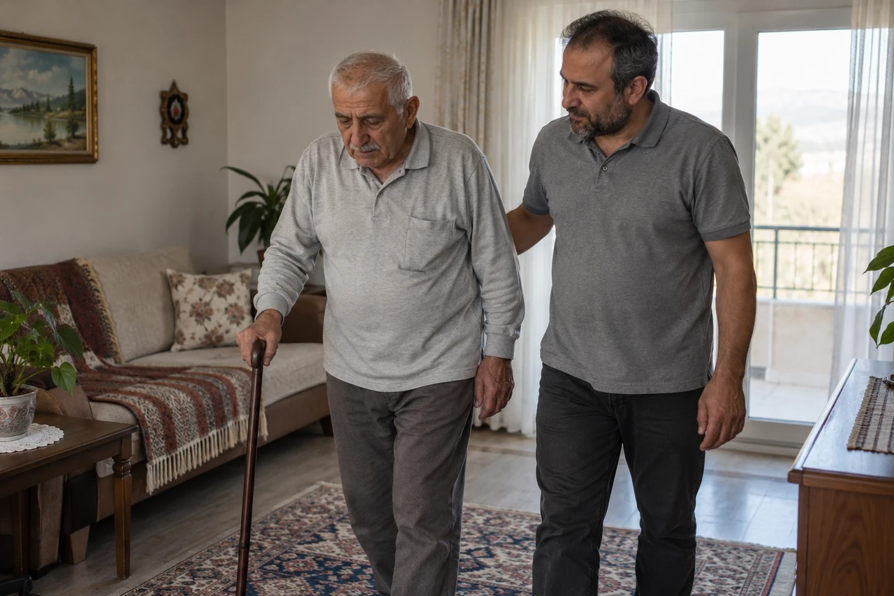 Bitlis için yaşlı babanın yürüyüşüne eşlik eden bakıcıyı gösteren temsili görsel