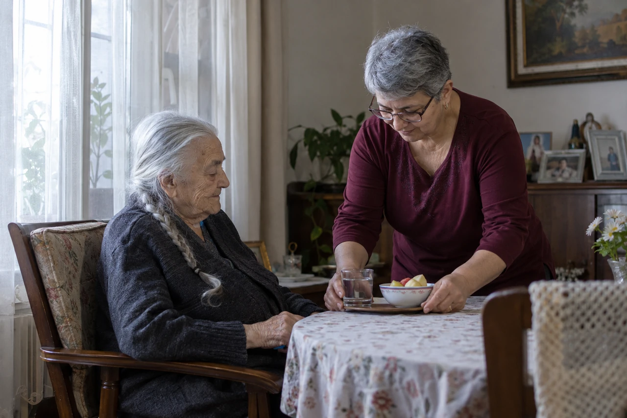 Bolu için yaşlı anneye su ve meyve hazırlayan bakıcıyı gösteren temsili görsel