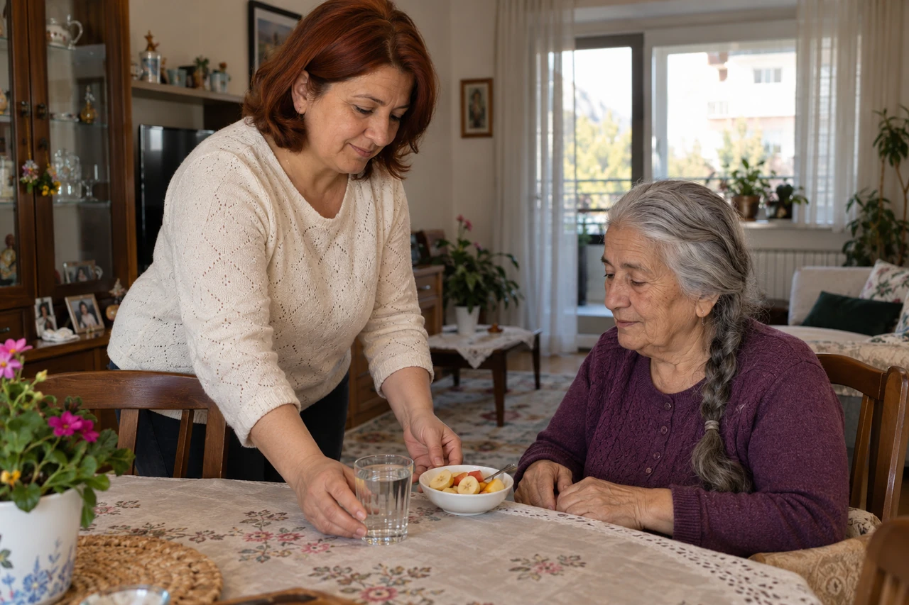 Burdur için yaşlı anneye su ve meyve hazırlayan bakıcıyı gösteren temsili görsel