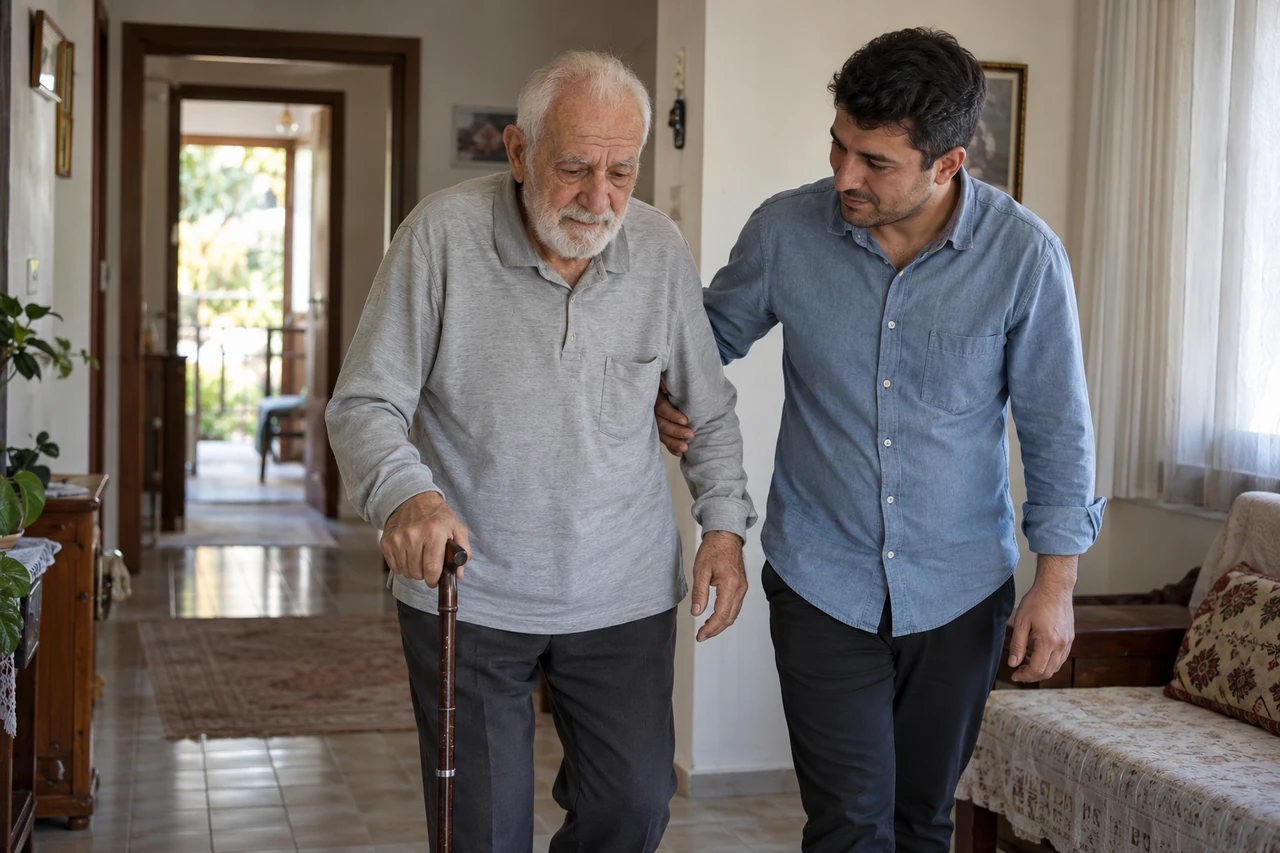Burdur için yaşlı babanın yürüyüşüne eşlik eden bakıcıyı gösteren temsili görsel