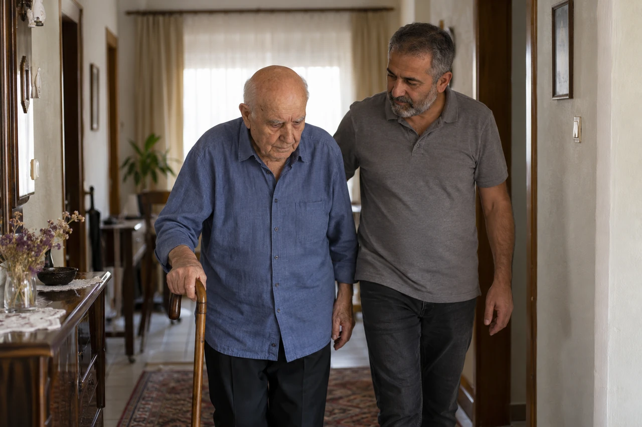 Bursa için yaşlı babanın yürüyüşüne eşlik eden bakıcıyı gösteren temsili görsel