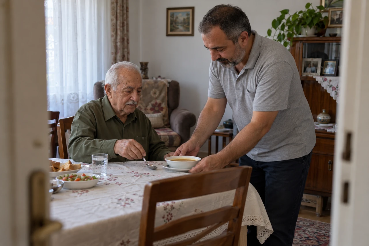 Çanakkale için yaşlı babanın öğününe yardımcı olan bakıcıyı gösteren temsili görsel