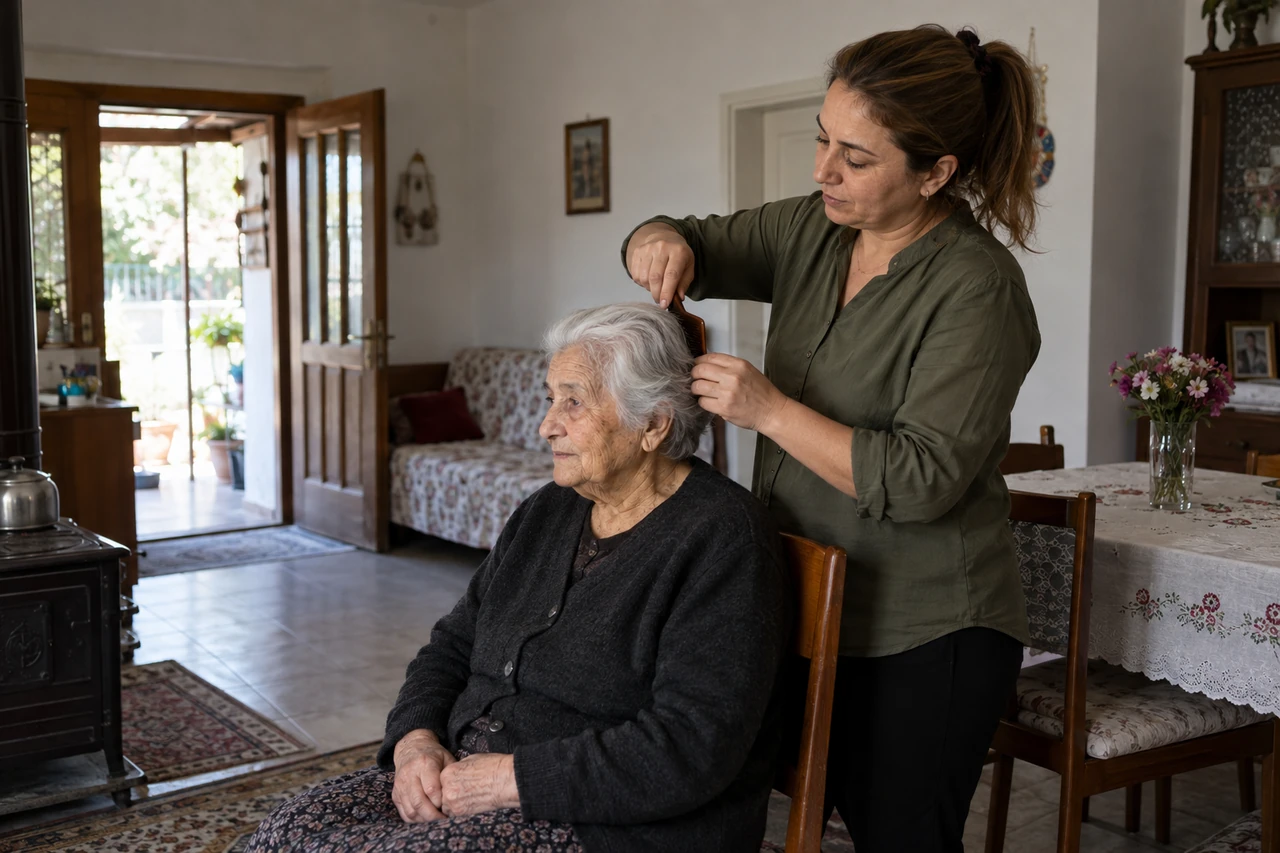 Çorum için yaşlı annenin saçlarını nazikçe tarayan bakıcıyı gösteren temsili görsel