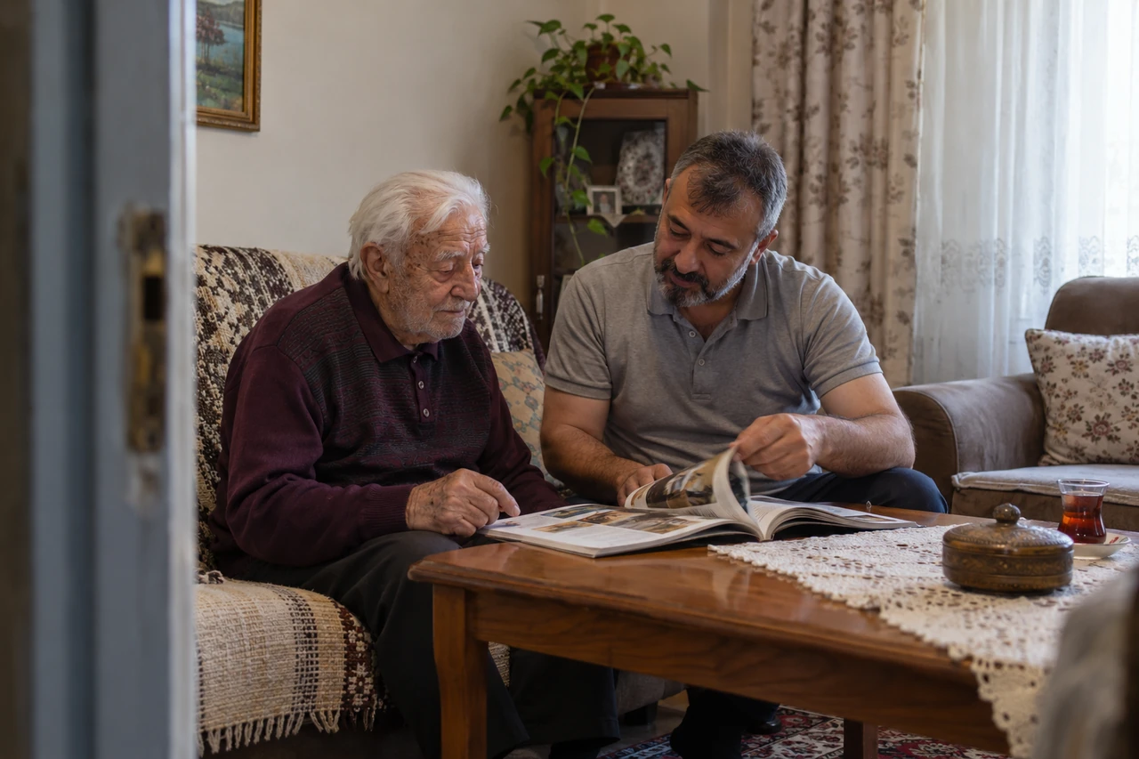 Çorum için yaşlı babayla birlikte dergi okuyan bakıcıyı gösteren temsili görsel