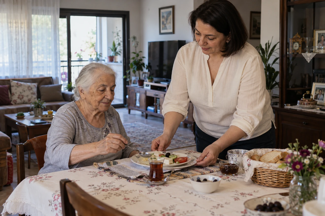 Denizli için yaşlı anneye öğün hazırlığında destek veren bakıcıyı gösteren temsili görsel