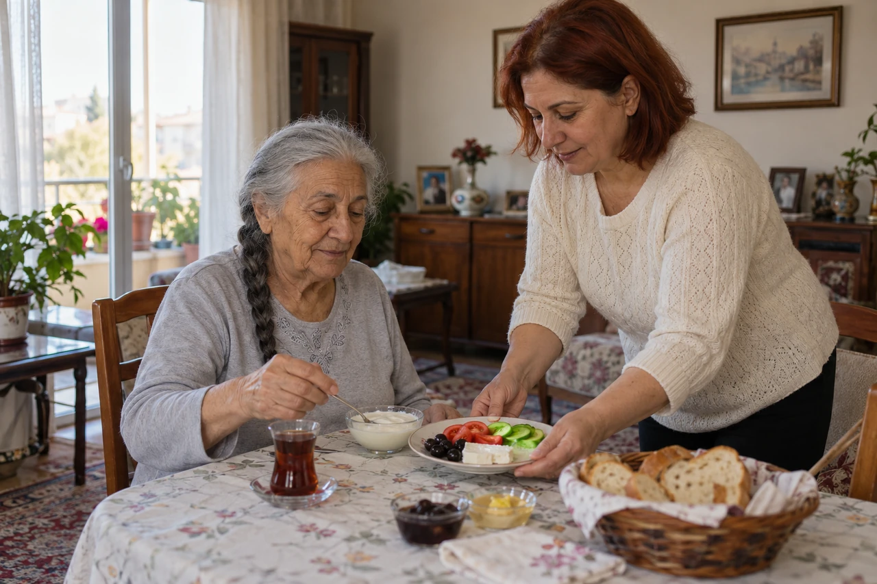 Edirne için yaşlı anneye öğün hazırlığında destek veren bakıcıyı gösteren temsili görsel