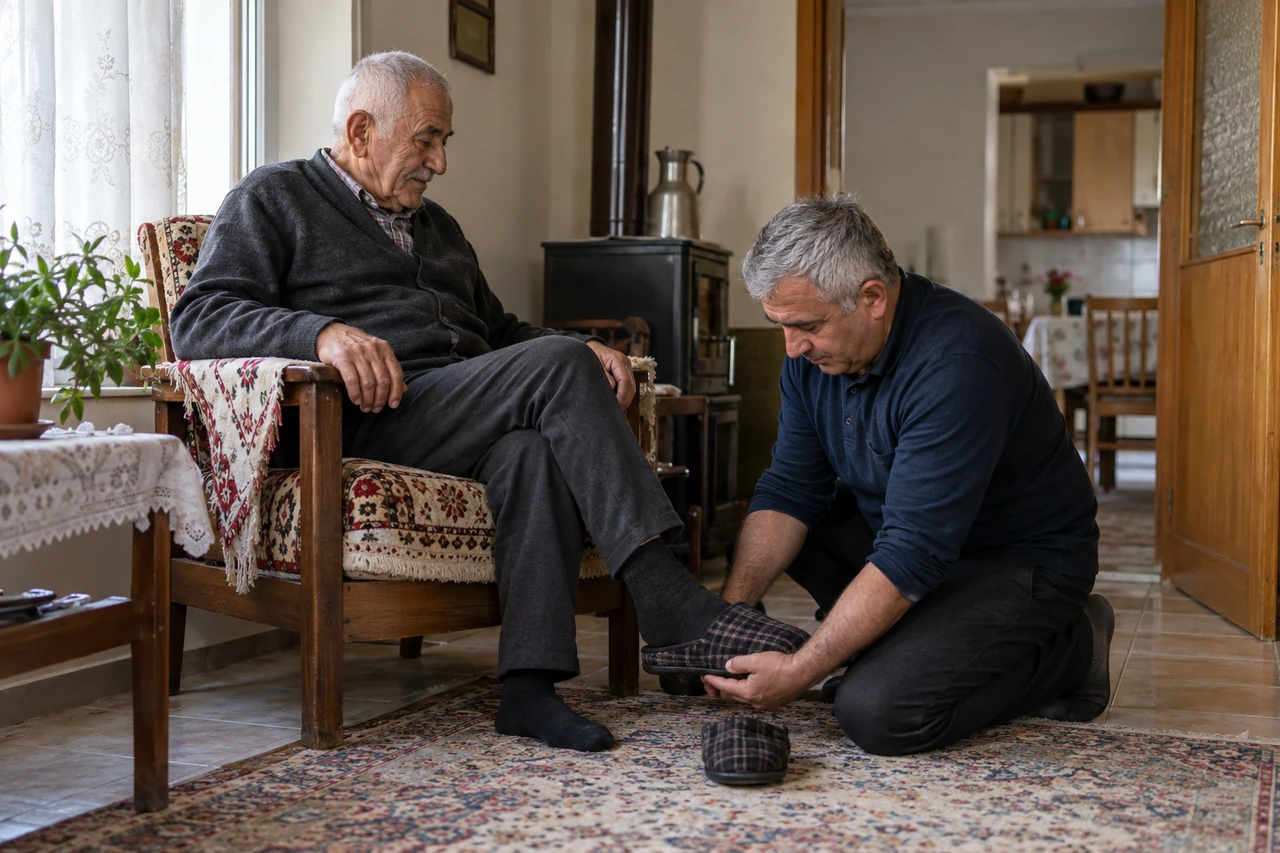 Elazığ için yaşlı babanın ev ayakkabısını giymesine yardım eden bakıcıyı gösteren temsili görsel