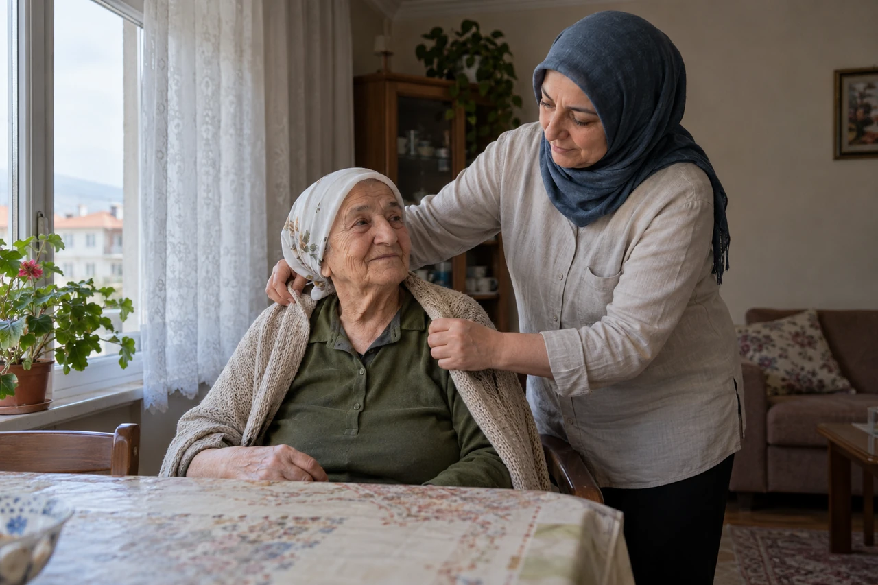 Erzincan için yaşlı annenin giyinmesine yardımcı olan bakıcıyı gösteren temsili görsel