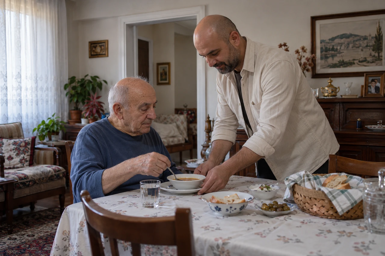 Giresun için yaşlı babanın öğününe yardımcı olan bakıcıyı gösteren temsili görsel