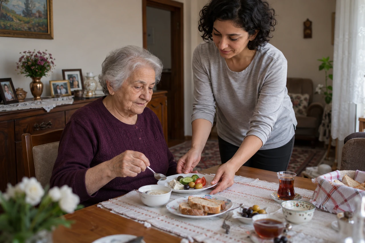 Gümüşhane için yaşlı anneye öğün hazırlığında destek veren bakıcıyı gösteren temsili görsel