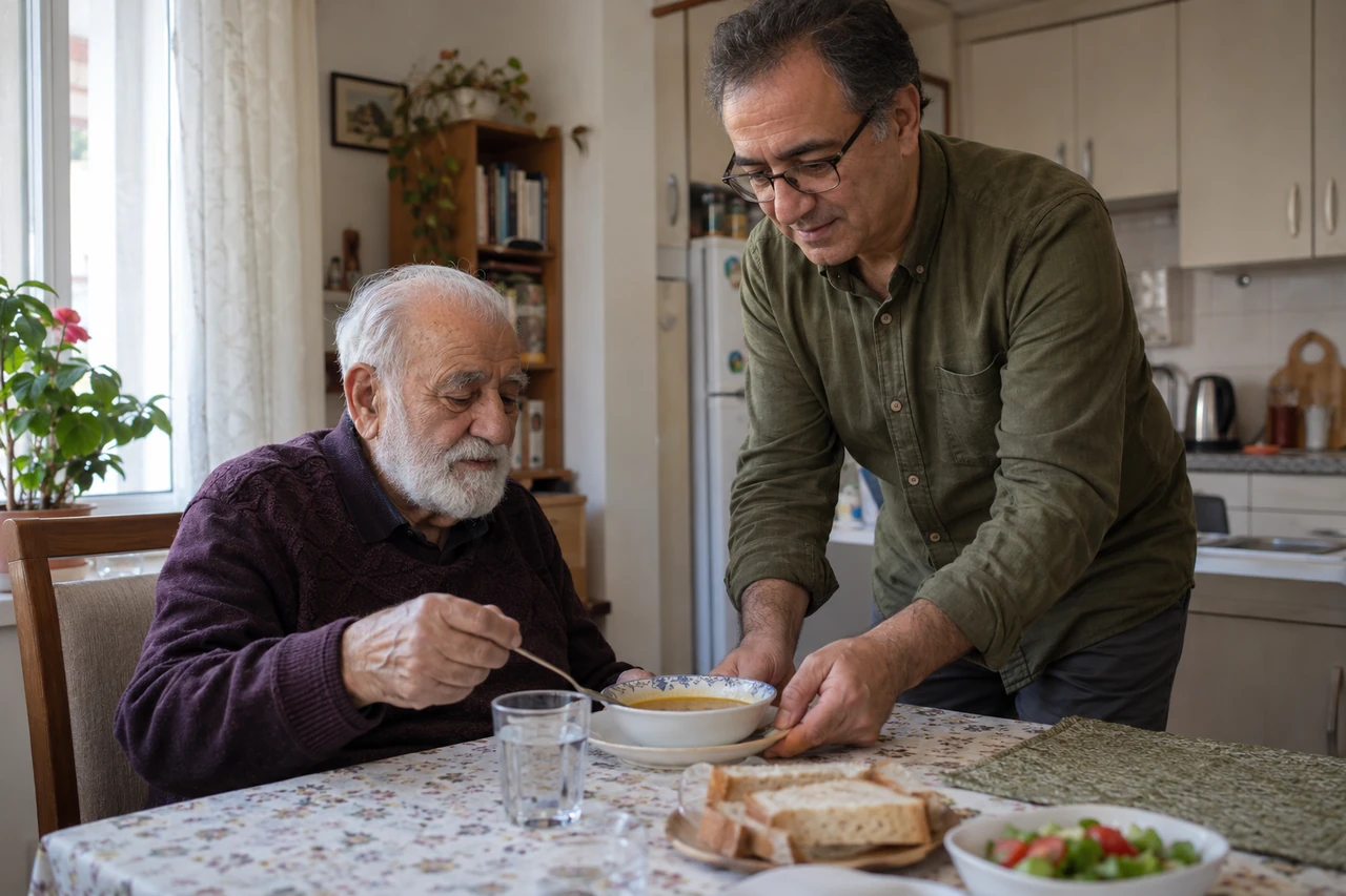 Gümüşhane için yaşlı babanın öğününe yardımcı olan bakıcıyı gösteren temsili görsel