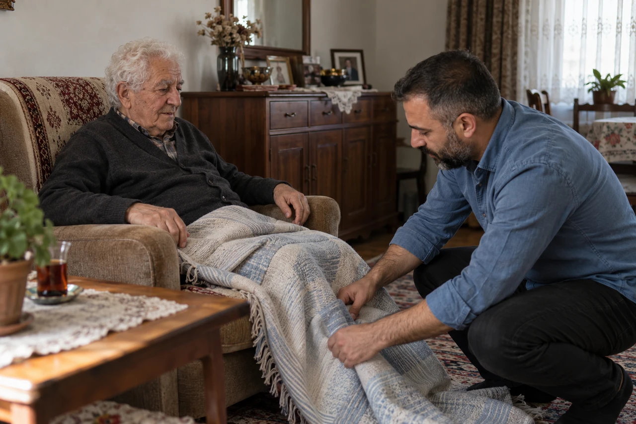 Iğdır için yaşlı babanın örtüsünü düzenleyen bakıcıyı gösteren temsili görsel
