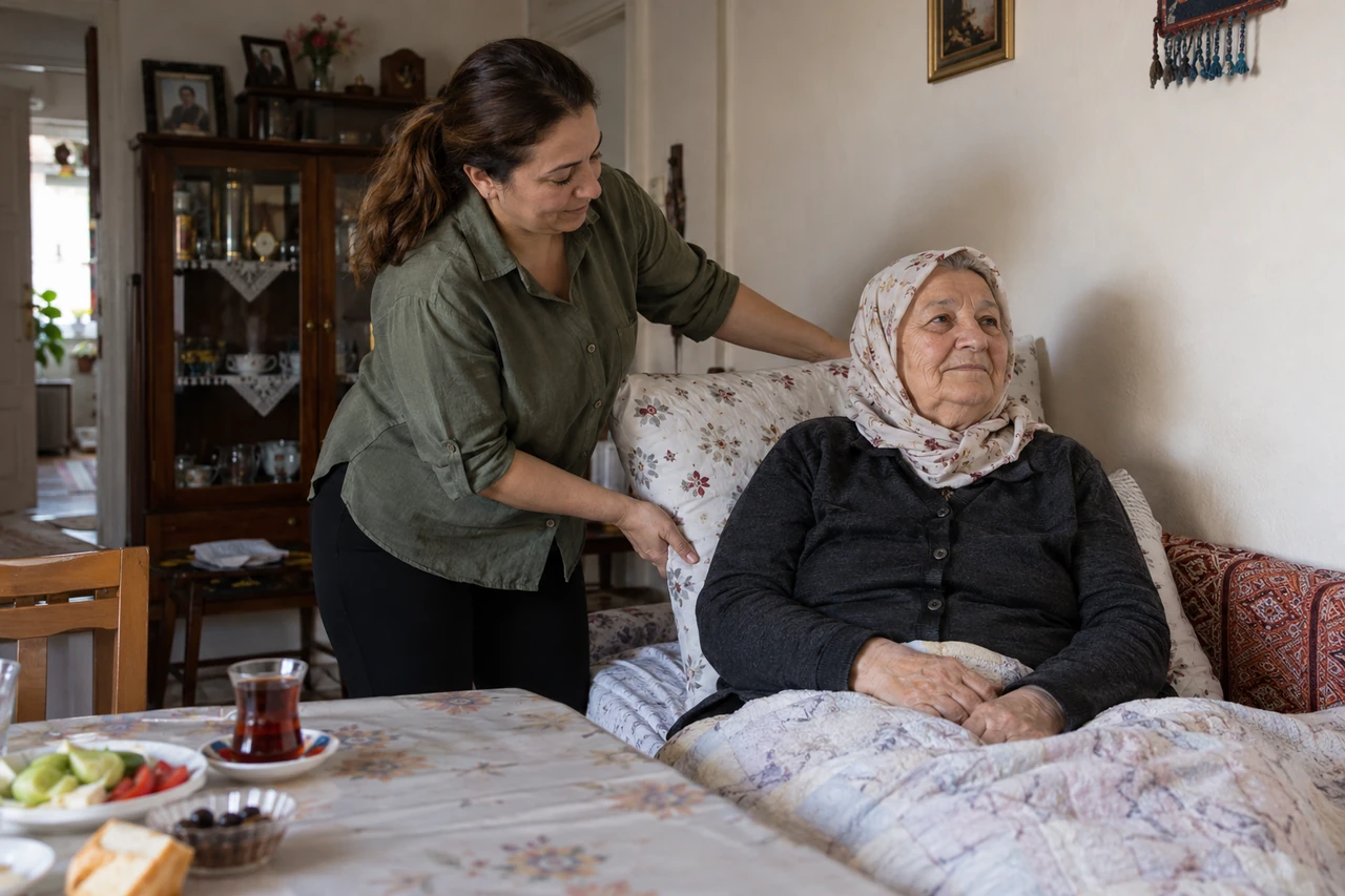 İstanbul için evde dinlenen yaşlı annenin yastığını düzenleyen bakıcıyı gösteren temsili görsel