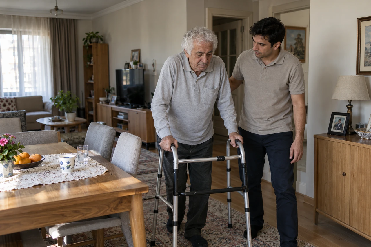 İstanbul için yürüteç kullanan yaşlı babaya eşlik eden bakıcıyı gösteren temsili görsel