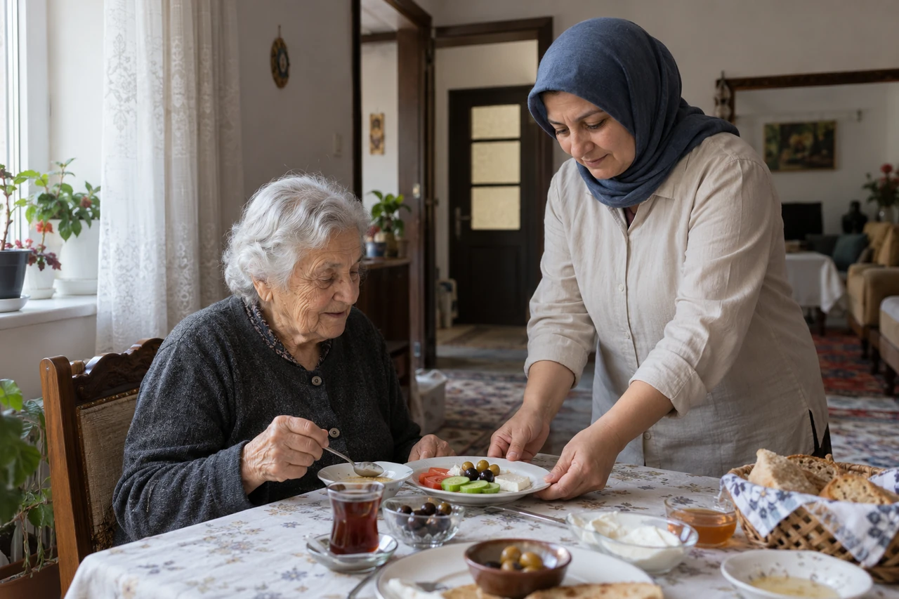 Karabük için yaşlı anneye öğün hazırlığında destek veren bakıcıyı gösteren temsili görsel
