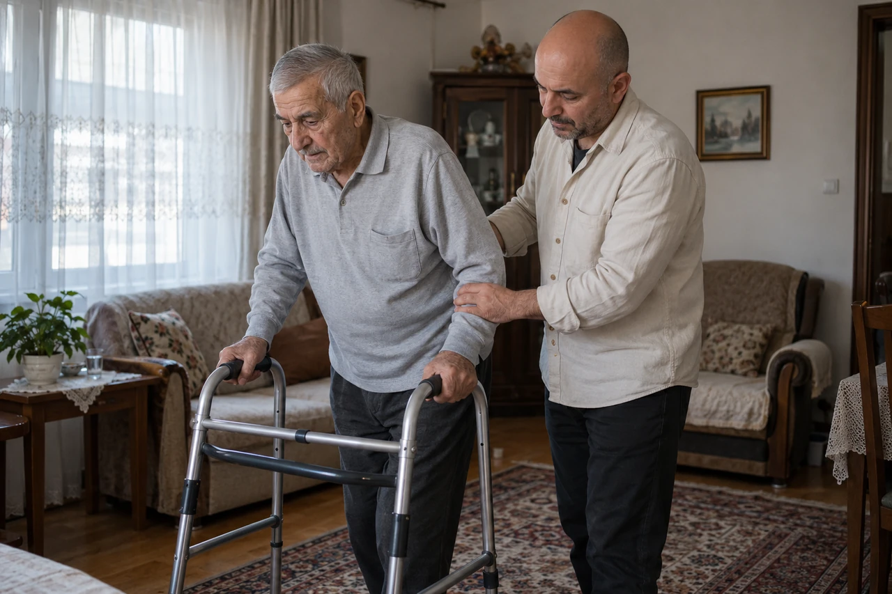 Karabük için yürüteç kullanan yaşlı babaya eşlik eden bakıcıyı gösteren temsili görsel
