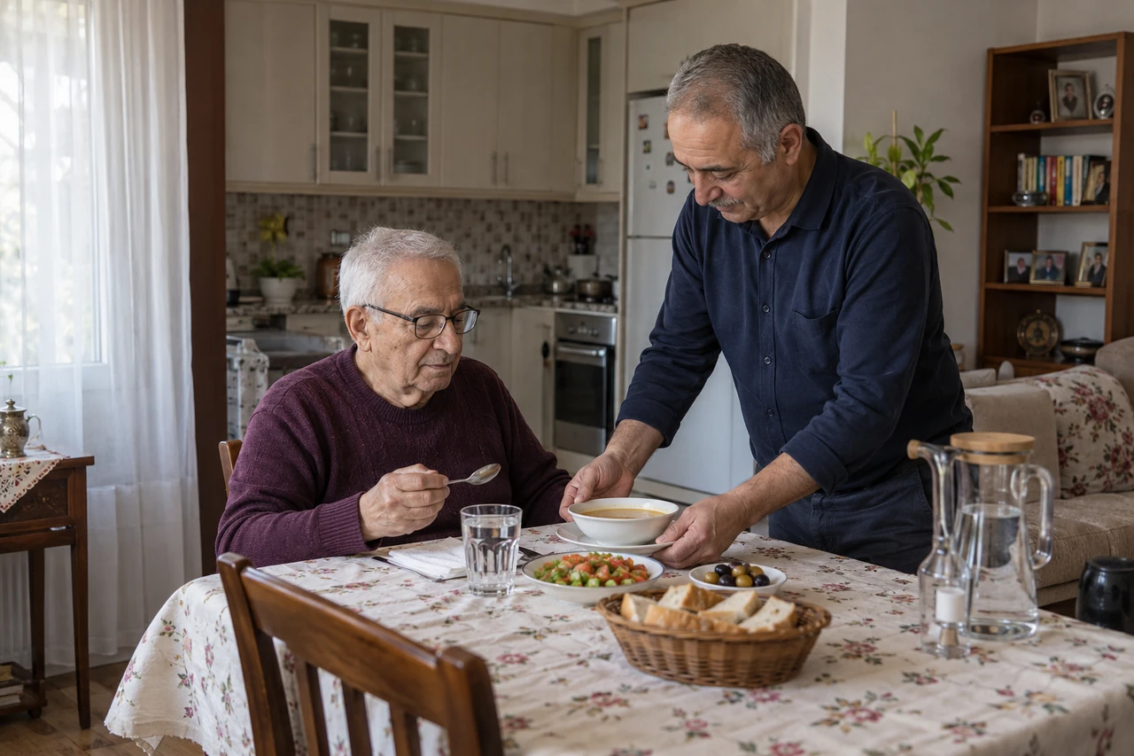 Kayseri için yaşlı babanın öğününe yardımcı olan bakıcıyı gösteren temsili görsel