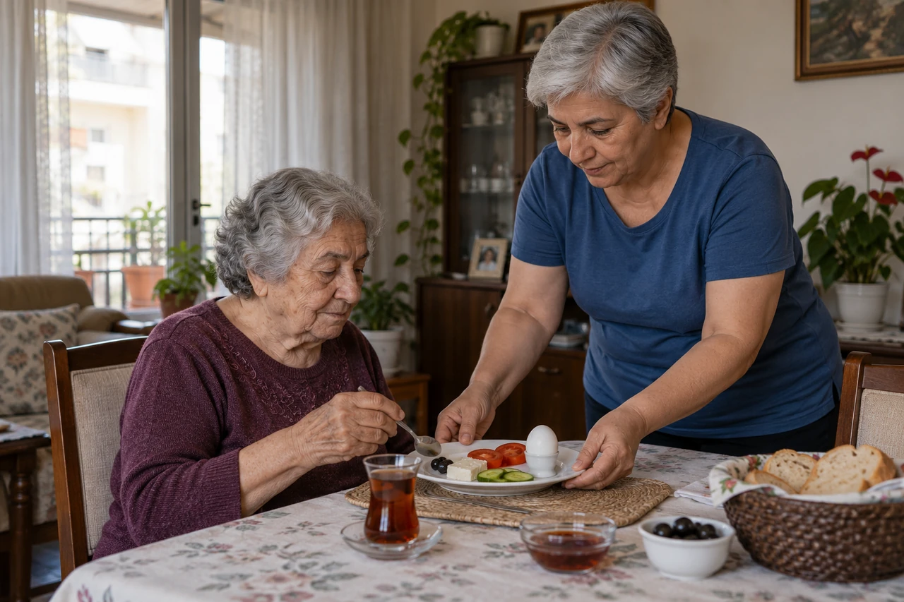 Kırıkkale için yaşlı anneye öğün hazırlığında destek veren bakıcıyı gösteren temsili görsel