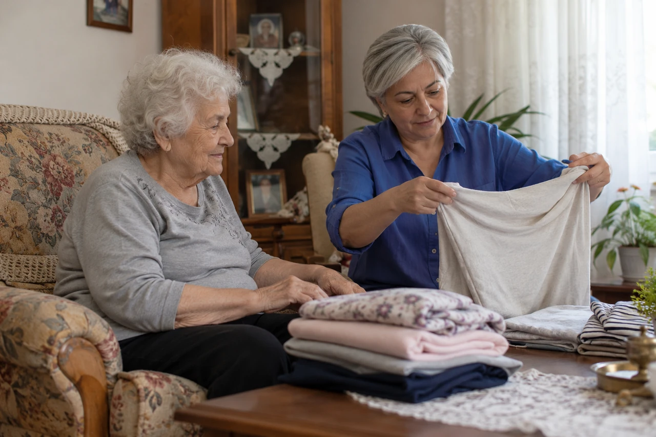 Kırklareli için yaşlı anneyle temiz giysileri düzenleyen bakıcıyı gösteren temsili görsel