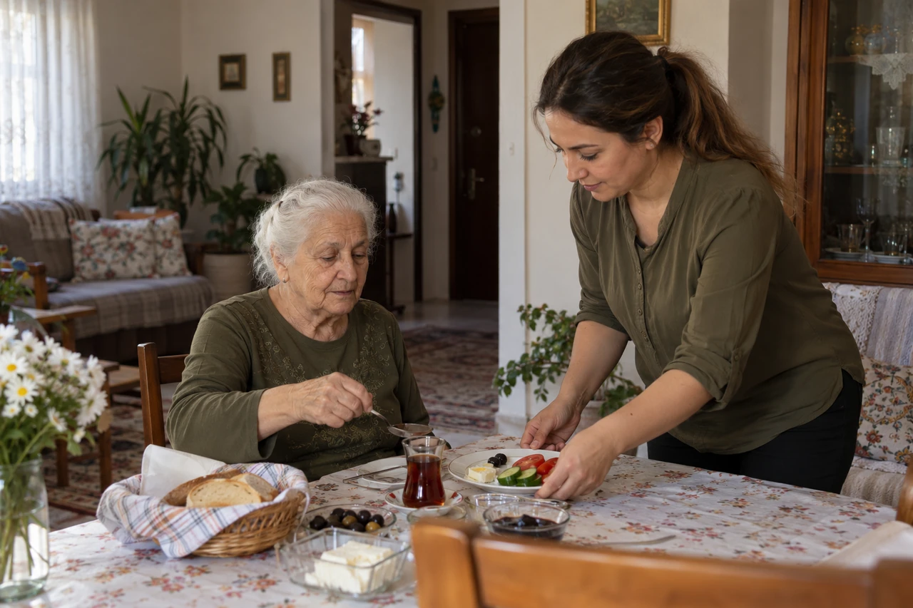 Konya için yaşlı anneye öğün hazırlığında destek veren bakıcıyı gösteren temsili görsel