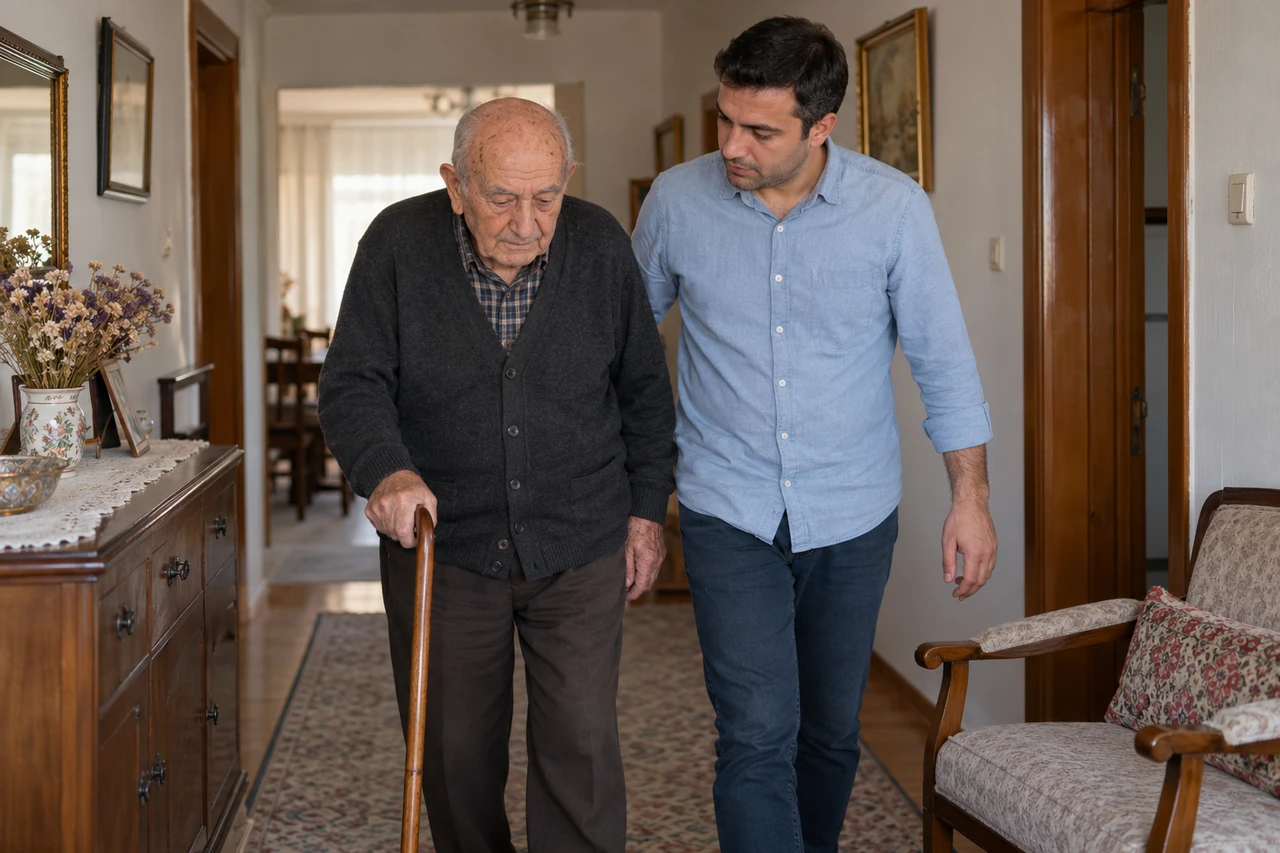 Kütahya için yaşlı babanın yürüyüşüne eşlik eden bakıcıyı gösteren temsili görsel