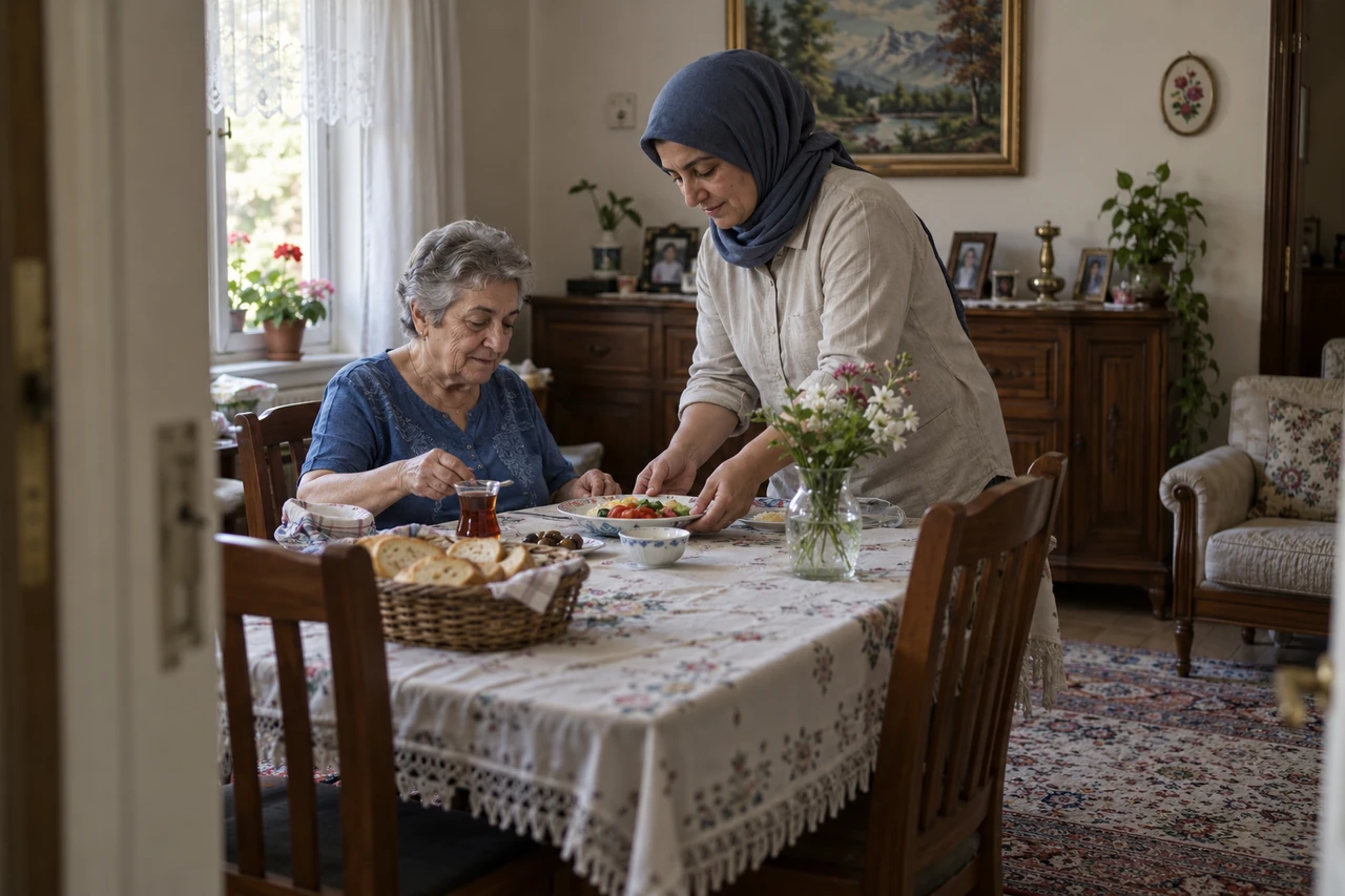 Malatya için yaşlı anneye öğün hazırlığında destek veren bakıcıyı gösteren temsili görsel