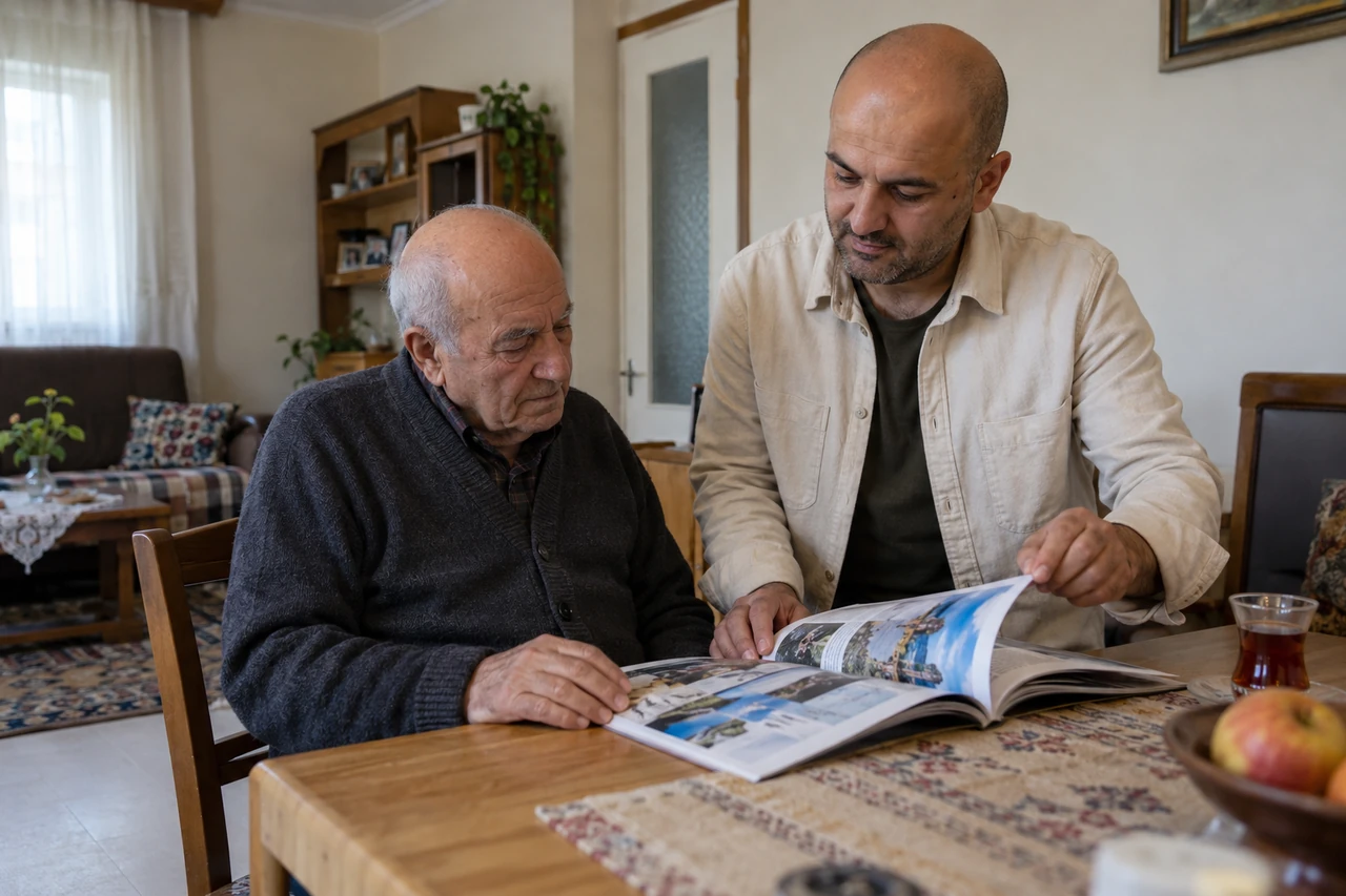 Muş için yaşlı babayla birlikte dergi okuyan bakıcıyı gösteren temsili görsel