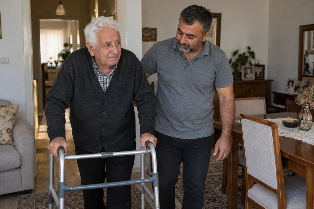 Nevşehir için yürüteç kullanan yaşlı babaya eşlik eden bakıcıyı gösteren temsili görsel