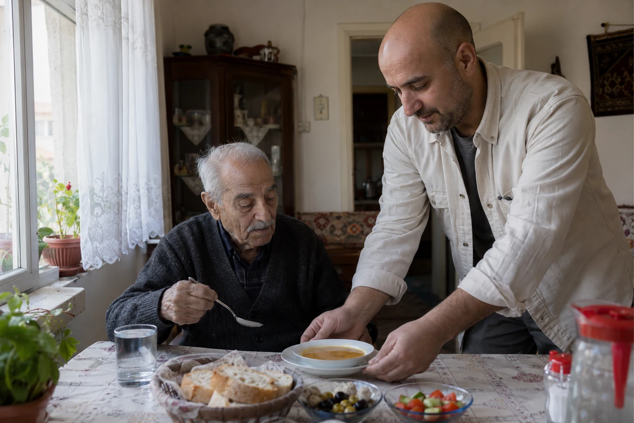 Niğde için yaşlı babanın öğününe yardımcı olan bakıcıyı gösteren temsili görsel