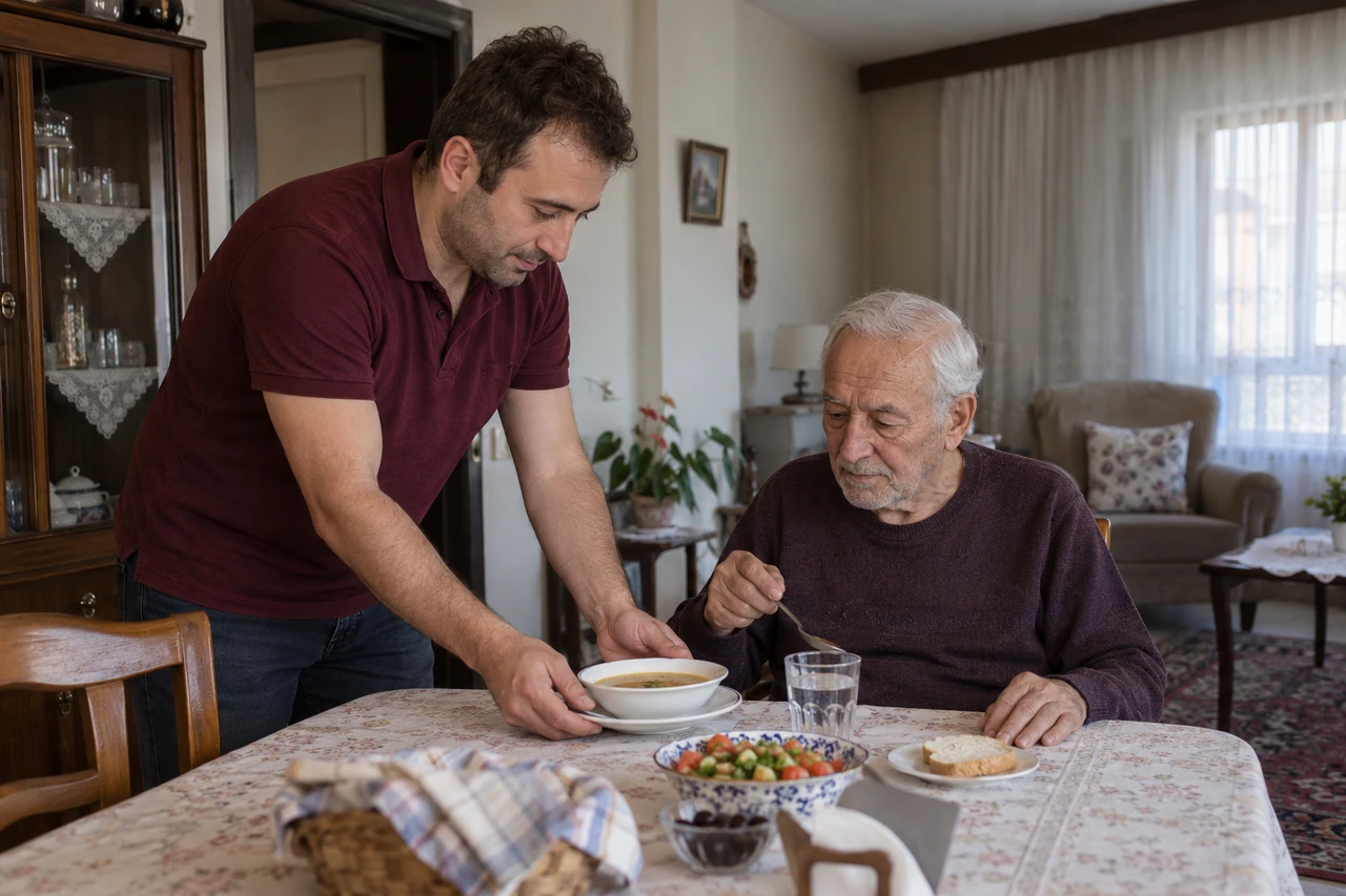 Ordu için yaşlı babanın öğününe yardımcı olan bakıcıyı gösteren temsili görsel