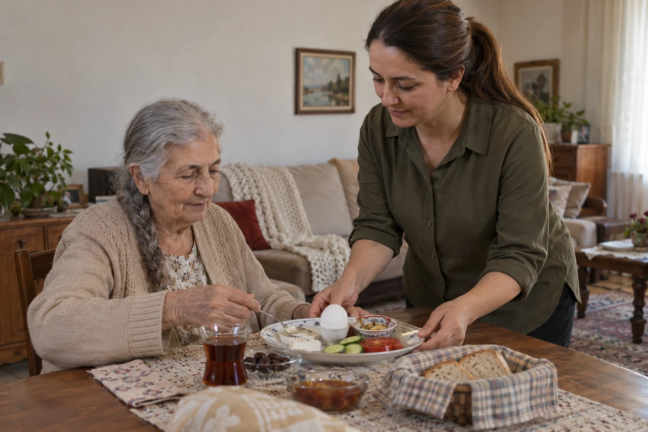 Osmaniye için yaşlı anneye öğün hazırlığında destek veren bakıcıyı gösteren temsili görsel