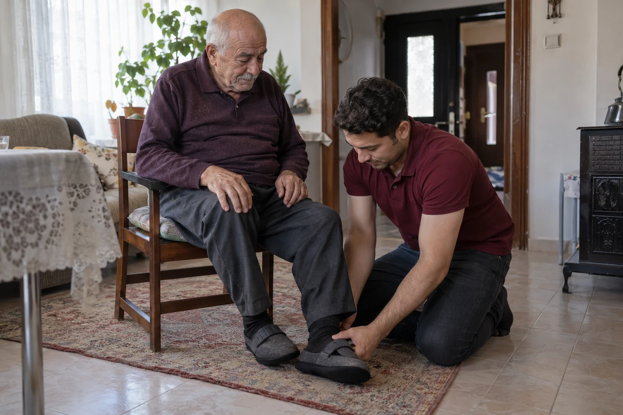 Sakarya için yaşlı babanın ev ayakkabısını giymesine yardım eden bakıcıyı gösteren temsili görsel