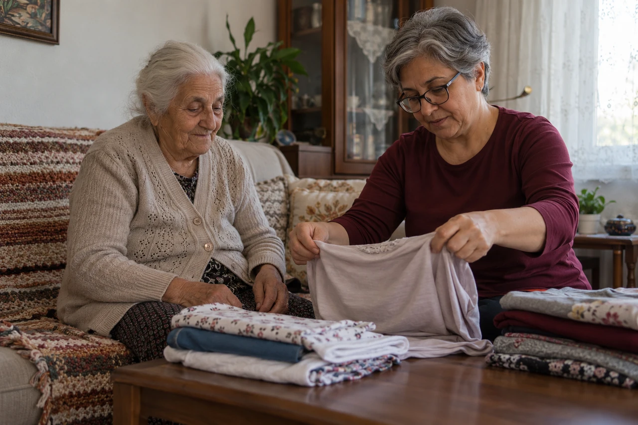 Siirt için yaşlı anneyle temiz giysileri düzenleyen bakıcıyı gösteren temsili görsel