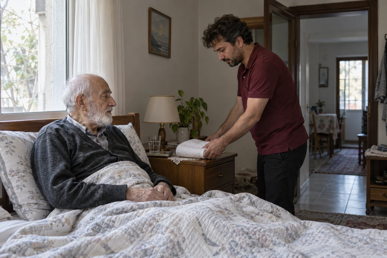 Sinop için evde dinlenen yaşlı babanın günlük ihtiyaçlarına yardımcı olan bakıcıyı gösteren temsili görsel