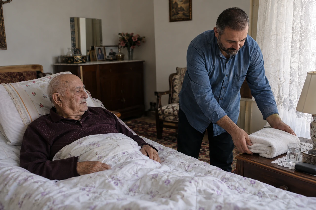 Şırnak için evde dinlenen yaşlı babanın günlük ihtiyaçlarına yardımcı olan bakıcıyı gösteren temsili görsel