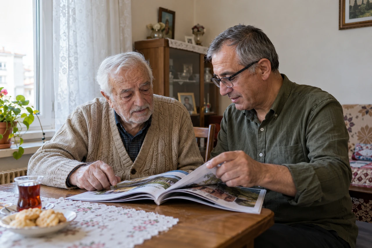 Sivas için yaşlı babayla birlikte dergi okuyan bakıcıyı gösteren temsili görsel