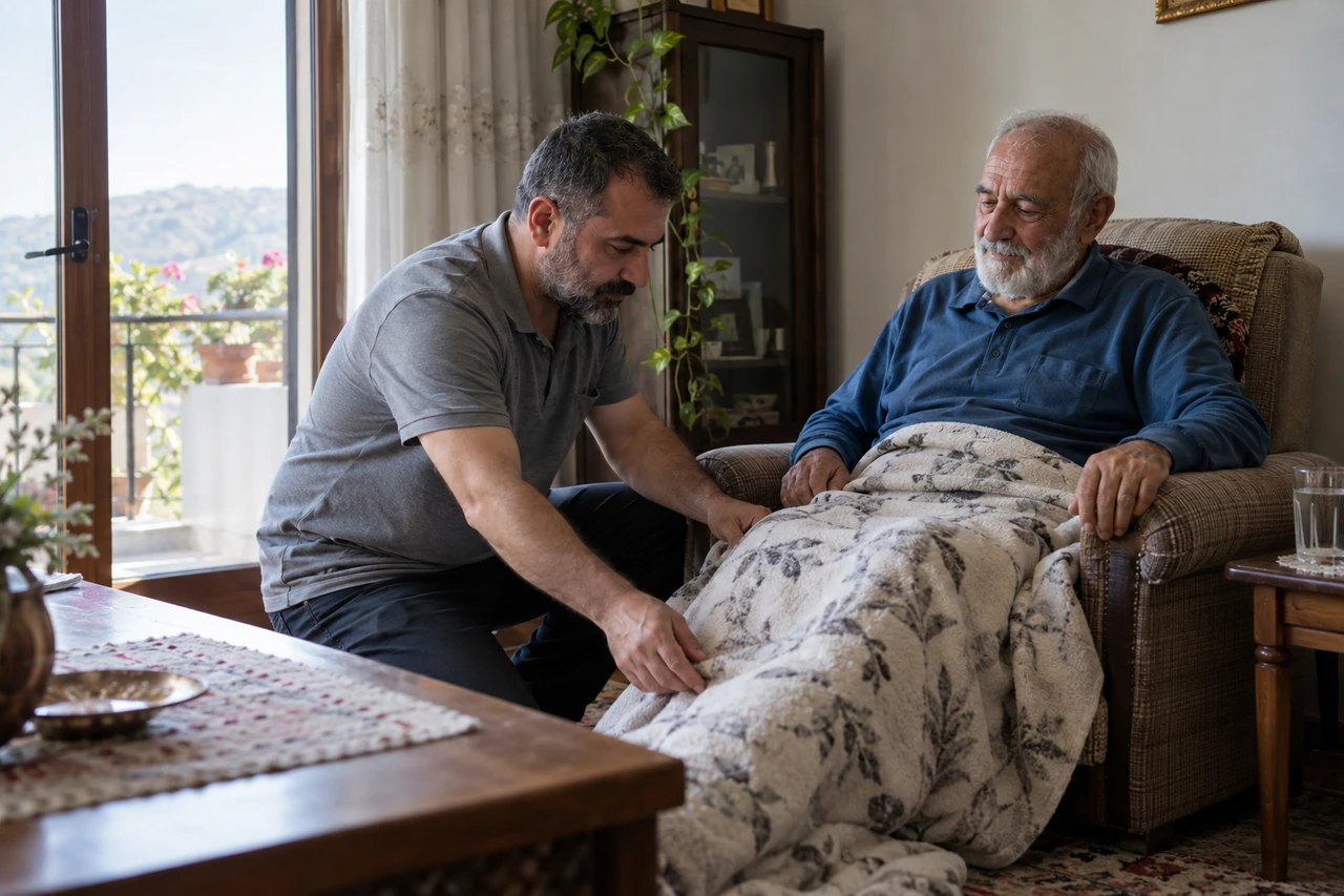 Tunceli için yaşlı babanın örtüsünü düzenleyen bakıcıyı gösteren temsili görsel