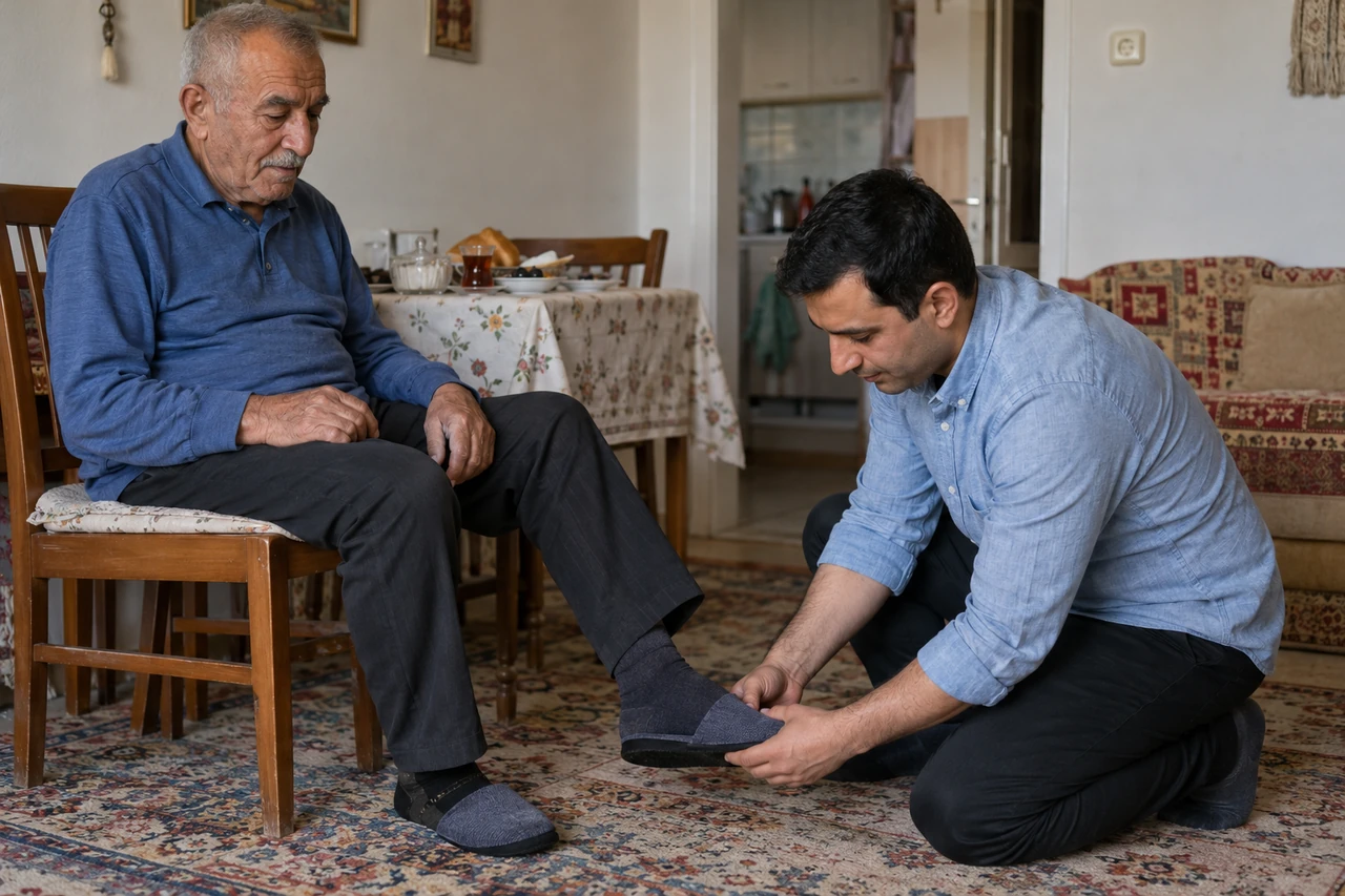 Van için yaşlı babanın ev ayakkabısını giymesine yardım eden bakıcıyı gösteren temsili görsel