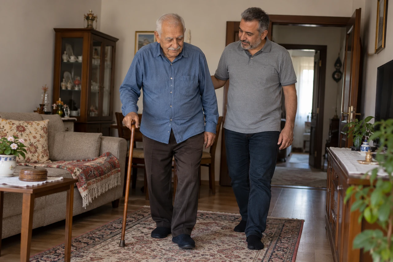 Yalova için yaşlı babanın yürüyüşüne eşlik eden bakıcıyı gösteren temsili görsel