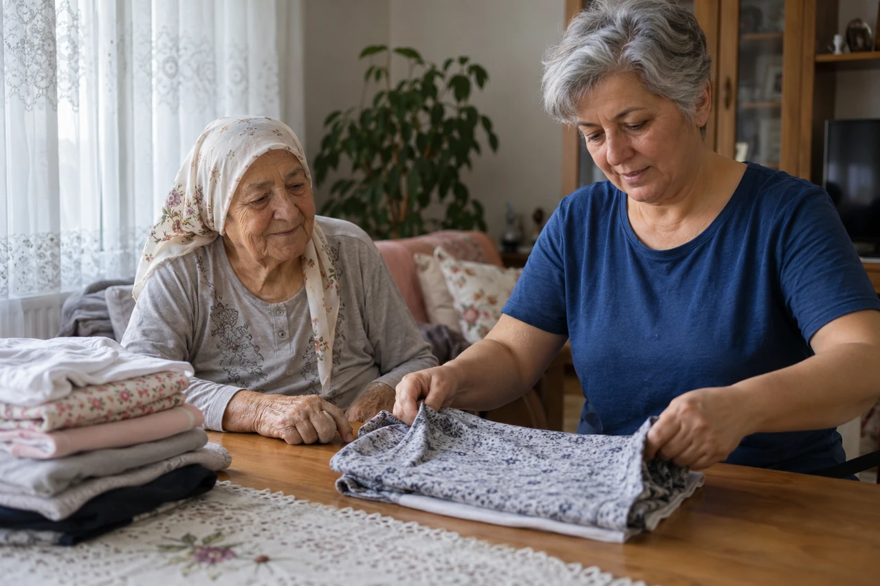 Zonguldak için yaşlı anneyle temiz giysileri düzenleyen bakıcıyı gösteren temsili görsel